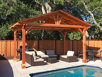 Construction Heart redwood is used in a poolside pergola.